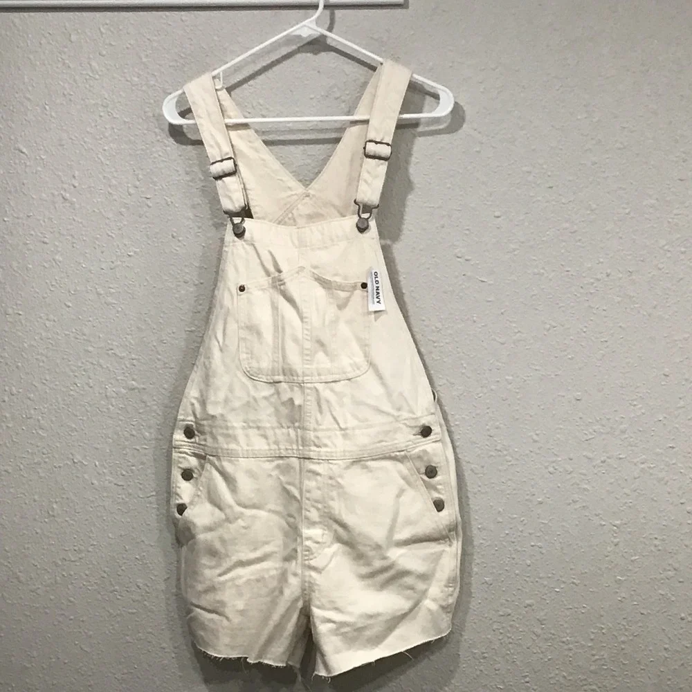 NWT Old Navy Slouchy Straight Cut-Off Jean Shortalls‎ Ecru Sz M Denim Minimalist